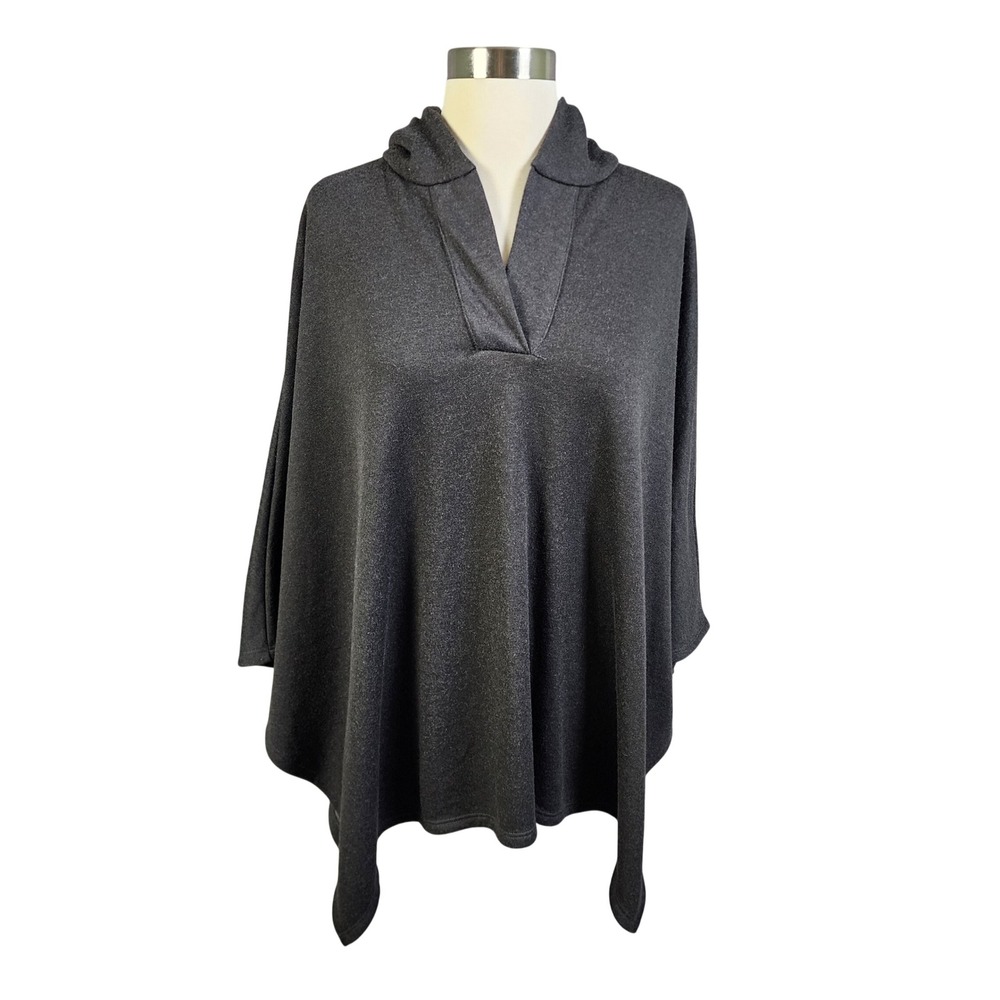 LA Relaxed Womens Charcoal Gray Hooded Poncho V-Neck Size L/XL Fleece Lined Soft